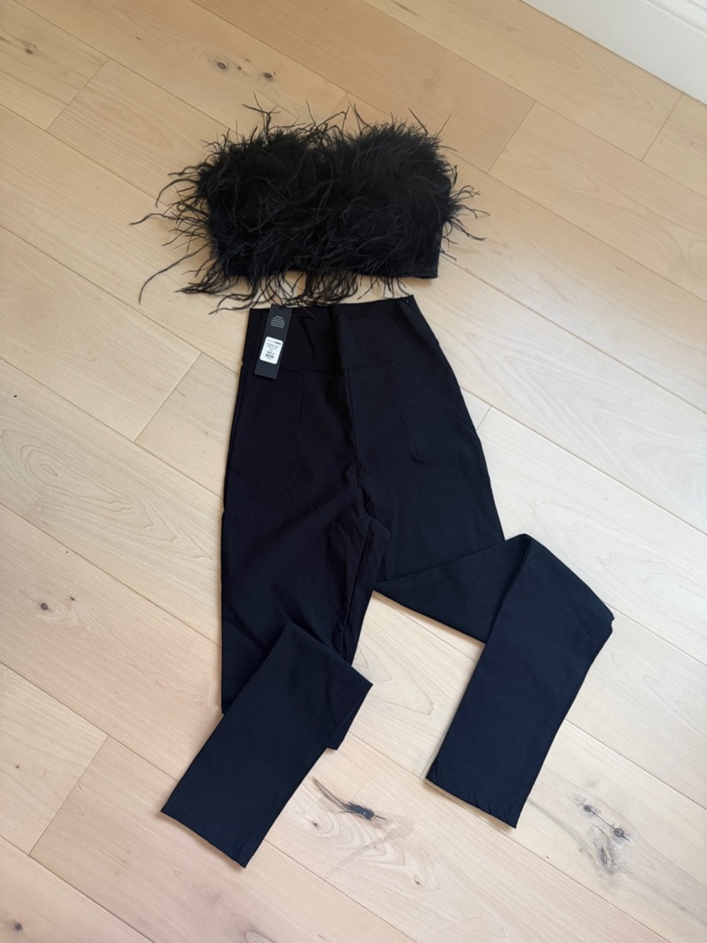 Fashion Nova Black High-Rise Pants with Feather Trim